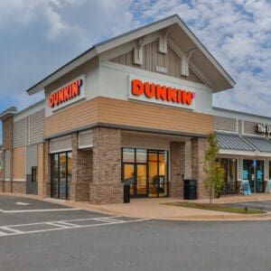 Exterior view of a Dunkin' store.
