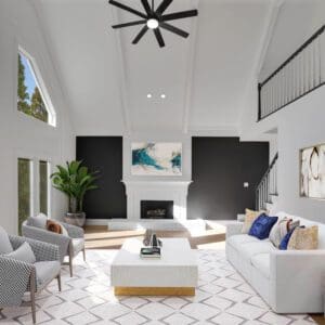 Modern living room with fireplace and large windows.